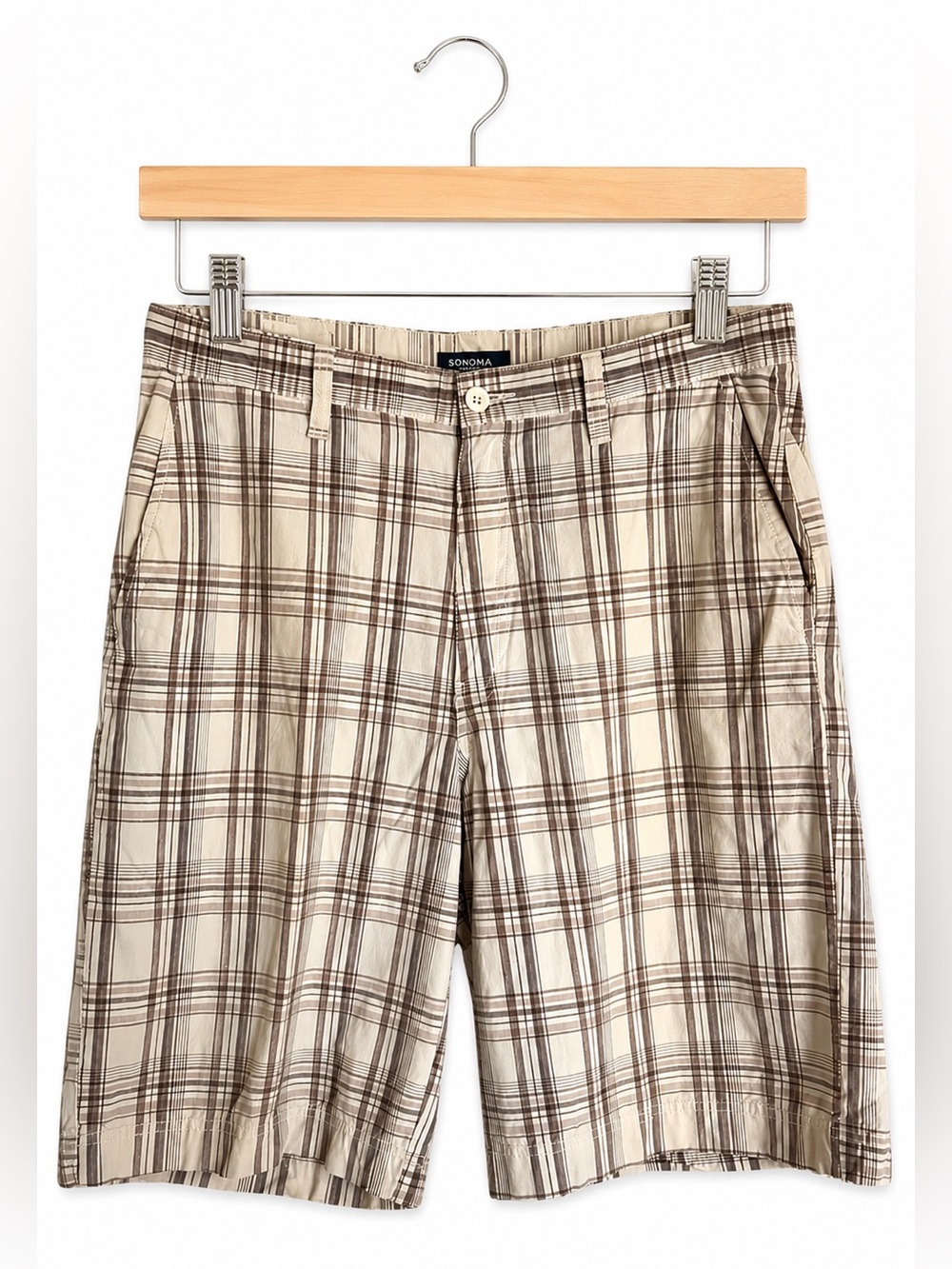 Sonoma Mens Shorts Sz 34 Tan Brown Cream Plaid Cotton Longerโ Length